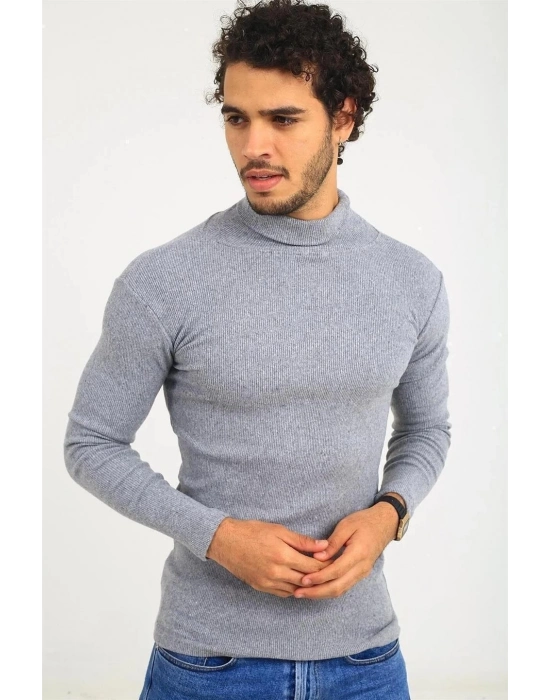 Kaşkorse Boğazlı Full Likralı Fitilli Body Kazak - Gri -