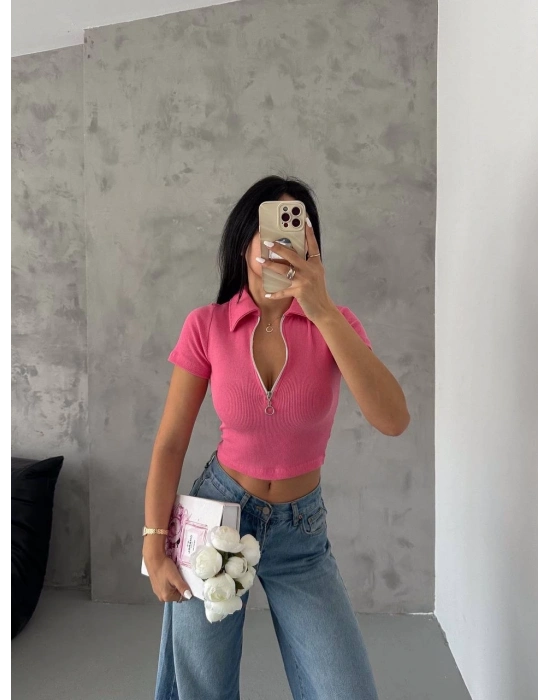 kaşkorse yaka fermuarlı bluz fuşya