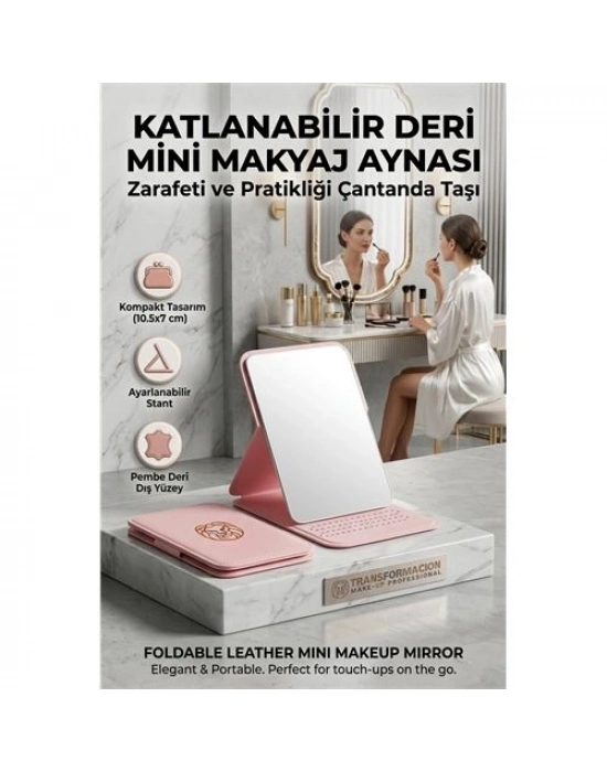 Katlanabilir Stantlı Makyaj Aynası | Pembe Deri Çanta Boyu Mini Ayna 723190