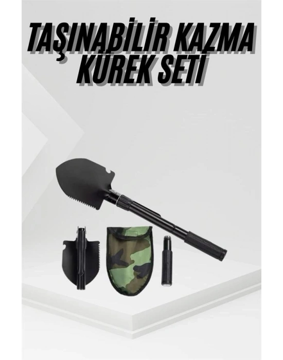 Katlanır Portatif Kazma Kürek Seti Portatif Çelik Taşıma Çantalı Pusulalı