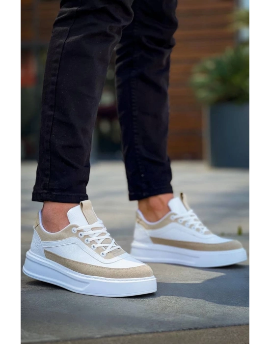 KB-006  Beyaz Cilt Bej Süet  Yüksek Taban Bağcıklı Günlük Erkek Ayakkabı