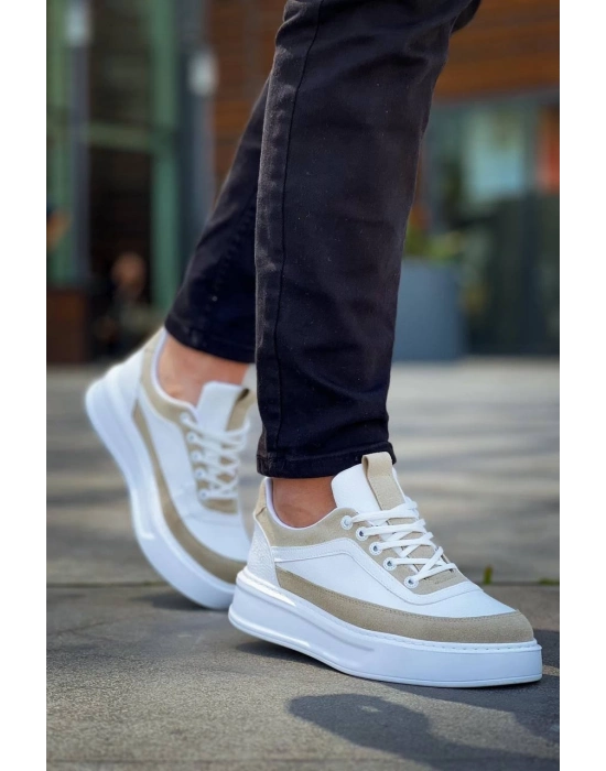 KB-006  Beyaz Cilt Bej Süet  Yüksek Taban Bağcıklı Günlük Erkek Ayakkabı