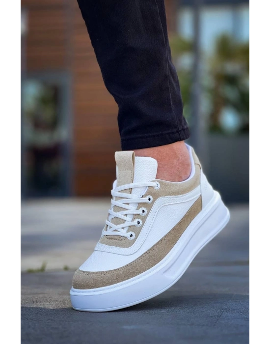 KB-006  Beyaz Cilt Bej Süet  Yüksek Taban Bağcıklı Günlük Erkek Ayakkabı