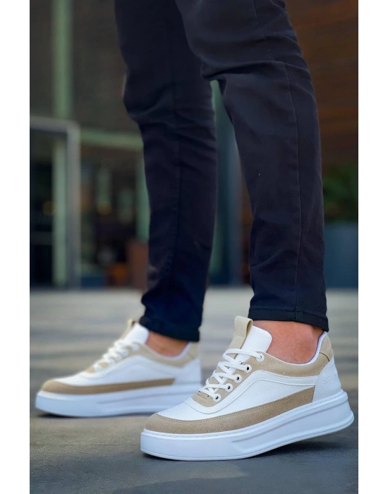 KB-006  Beyaz Cilt Bej Süet  Yüksek Taban Bağcıklı Günlük Erkek Ayakkabı