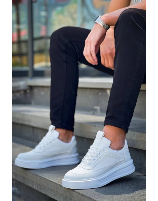 KB-006  Beyaz Cilt  Yüksek Taban Bağcıklı Günlük Erkek Ayakkabı