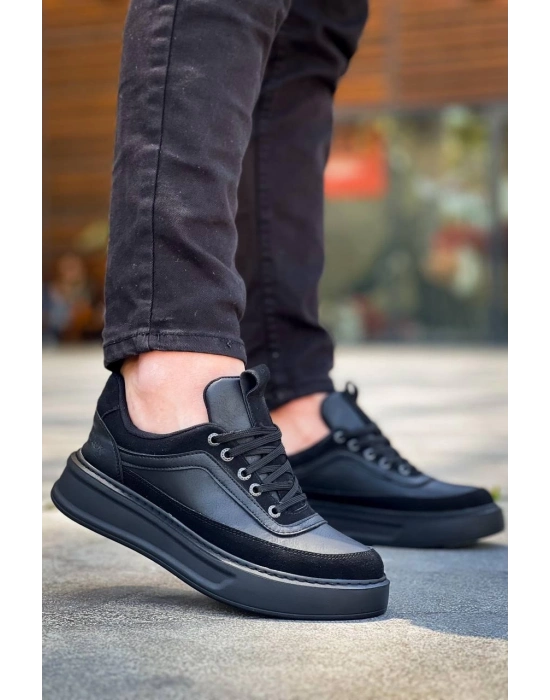 KB-006  Siyah Cilt Siyah Yüksek Taban Bağcıklı Günlük Erkek Ayakkabı