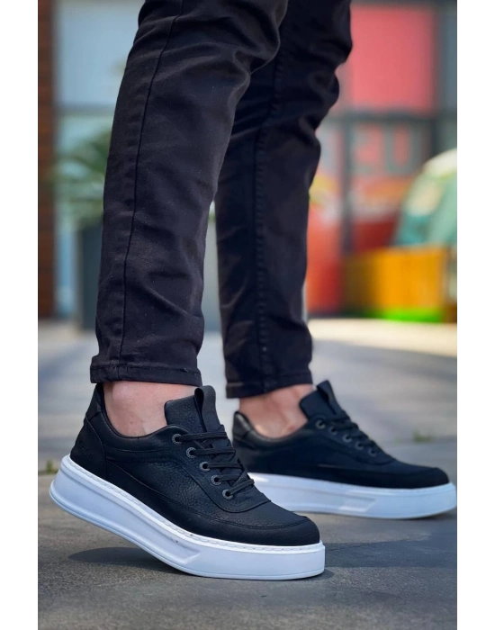 KB-006  Siyah Cilt Yüksek Taban Bağcıklı Günlük Erkek Ayakkabı