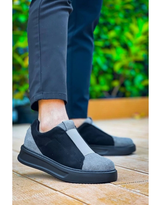 KB-007   Siyah Gri Siyah Yüksek Taban Tek Bant Bağcıksız Günlük Erkek