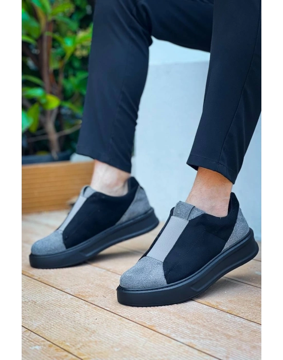 KB-007   Siyah Gri Siyah Yüksek Taban Tek Bant Bağcıksız Günlük Erkek