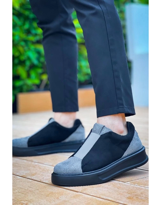 KB-007   Siyah Gri Siyah Yüksek Taban Tek Bant Bağcıksız Günlük Erkek