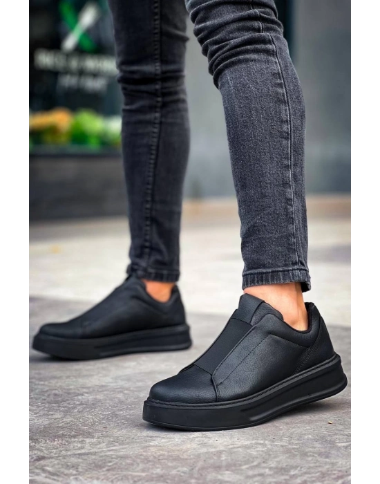 KB-007   Siyah Siyah Yüksek Taban Tek Bant Bağcıksız Günlük Erkek Ayakkabı