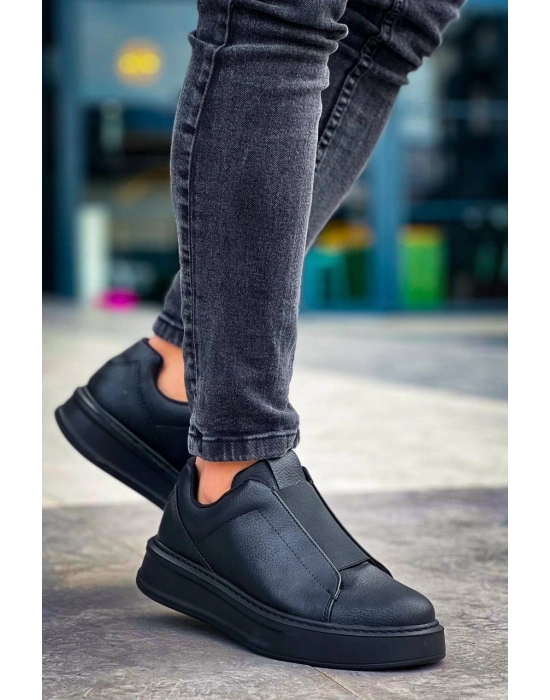 KB-007   Siyah Siyah Yüksek Taban Tek Bant Bağcıksız Günlük Erkek Ayakkabı