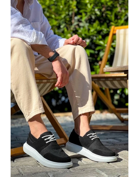 KB-042   Bağcıklı  Siyah Deri Tozu Beyaz Taban Günlük Erkek Ayakkabı