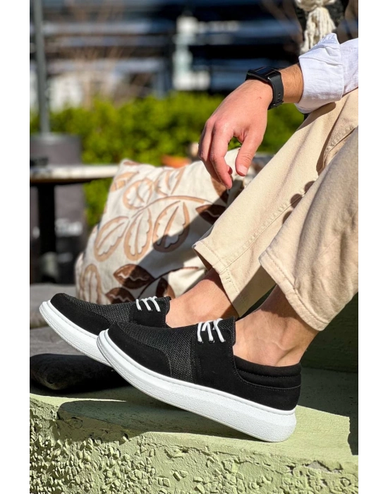 KB-042   Bağcıklı  Siyah Deri Tozu Beyaz Taban Günlük Erkek Ayakkabı