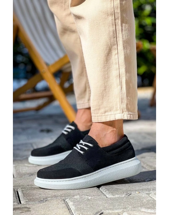 KB-042   Bağcıklı  Siyah Deri Tozu Beyaz Taban Günlük Erkek Ayakkabı