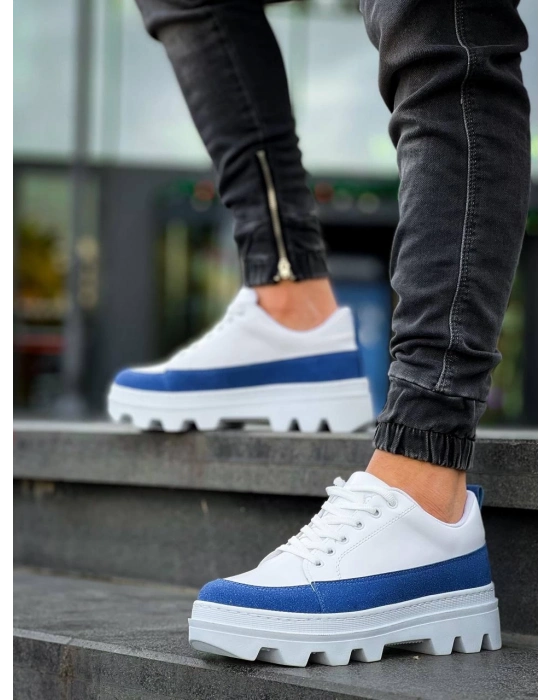 KB-056  Beyaz Mavi Detaylı Beyaz Yüksek Taban Günlük Spor Ayakkabı