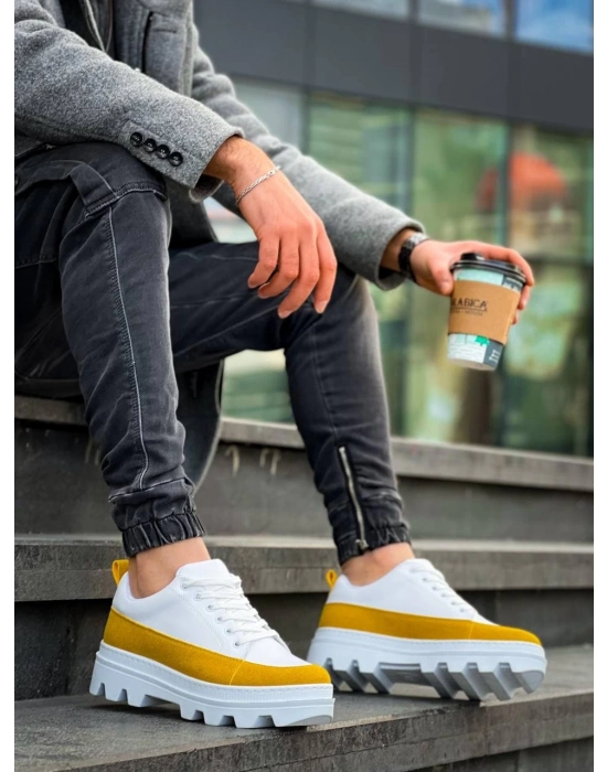 KB-056  Beyaz Sarı Detaylı Beyaz Yüksek Taban Günlük Spor Ayakkabı