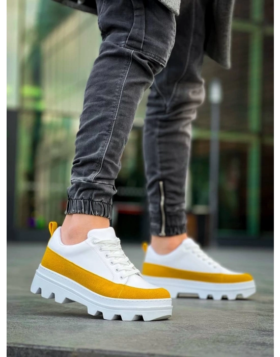 KB-056  Beyaz Sarı Detaylı Beyaz Yüksek Taban Günlük Spor Ayakkabı