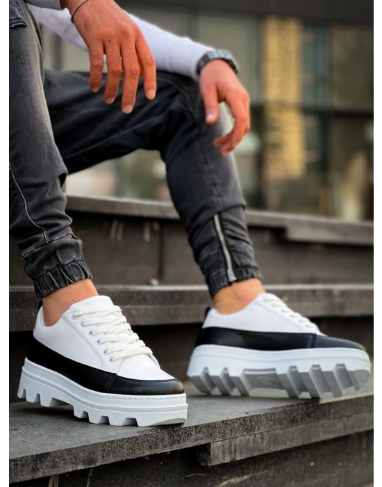 KB-056  Beyaz Siyah Detaylı Beyaz Yüksek Taban Günlük Spor Ayakkabı