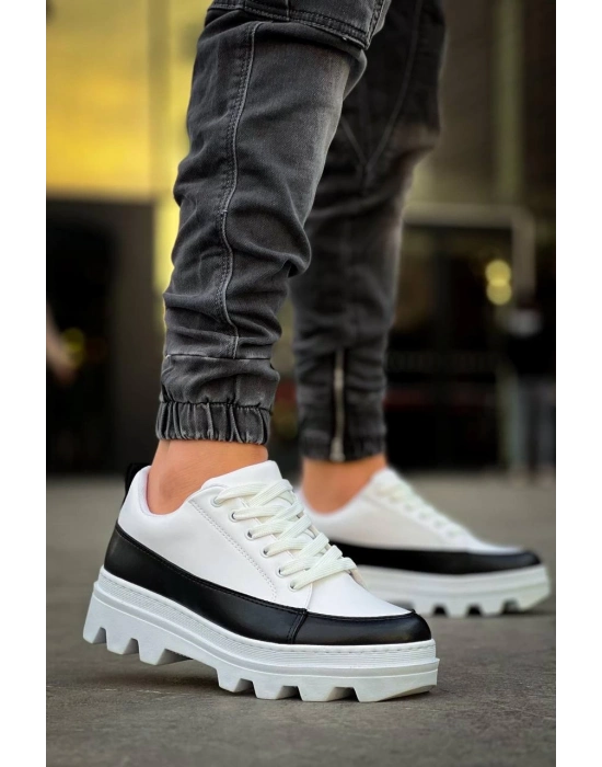 KB-056  Beyaz Siyah Detaylı Beyaz Yüksek Taban Günlük Spor Ayakkabı