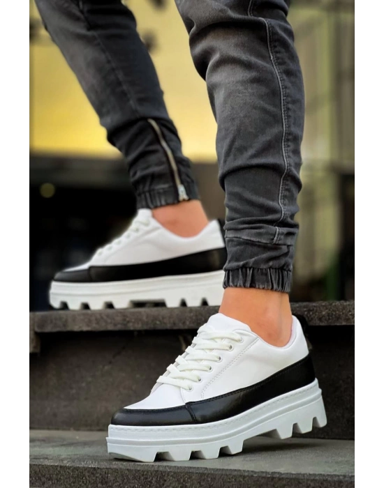 KB-056  Beyaz Siyah Detaylı Beyaz Yüksek Taban Günlük Spor Ayakkabı