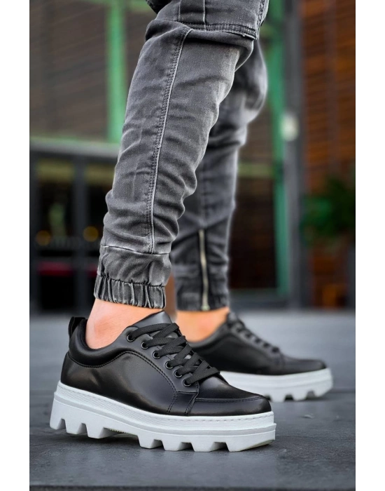 KB-056  Siyah Cilt Beyaz Yüksek Taban Günlük Spor Ayakkabı