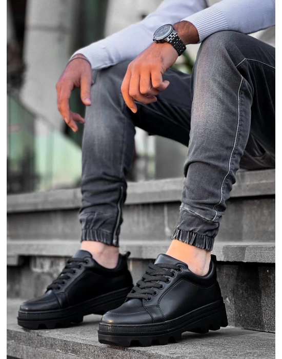 KB-056  Siyah Cilt Siyah Yüksek Taban Günlük Spor Ayakkabı