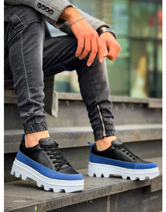 KB-056  Siyah Mavi Detaylı Beyaz Yüksek Taban Günlük Spor Ayakkabı