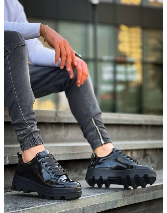 KB-056  Siyah Rugan Siyah Yüksek Taban Günlük Spor Ayakkabı