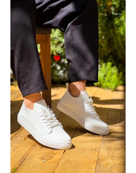 KB-110   Beyaz Triko Yüksek Taban Bağcıklı Günlük Erkek Ayakkabı