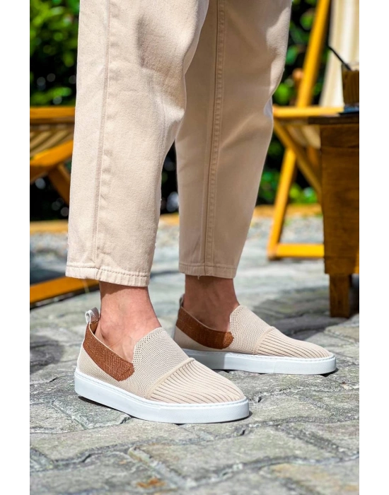 KB-114   Bej Taba Triko Yüksek Taban Bağcıksız Günlük Erkek Ayakkabı