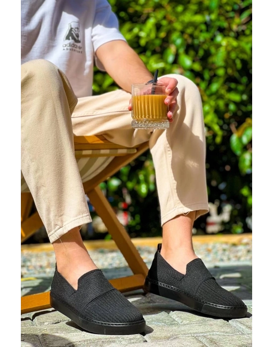 KB-114   Siyah Triko Siyah  Yüksek Taban Bağcıksız Günlük Erkek Ayakkabı