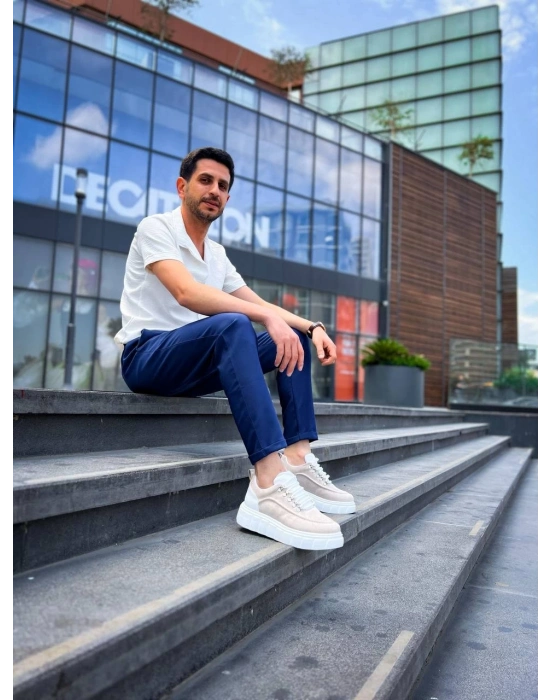 KB-X10  Bej Süet Beyaz Yüksek Taban Günlük Spor Ayakkabı