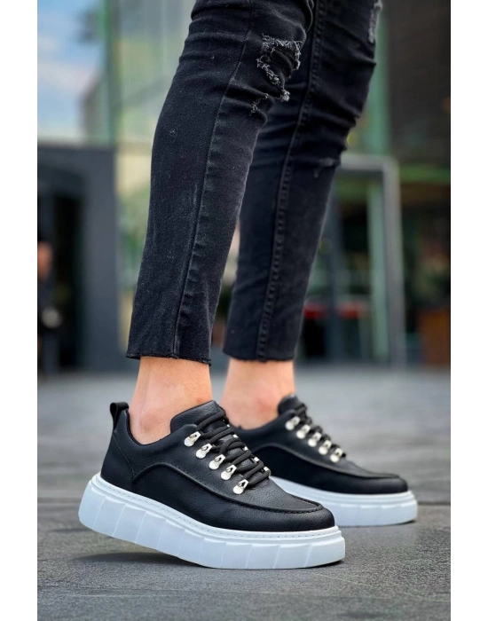 KB-X10  Siyah Cilt  Beyaz Yüksek Taban Günlük Spor Ayakkabı