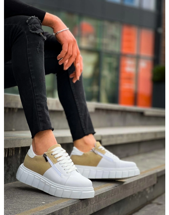 KB-X155  Beyaz Cilt Bej Süet Detaylı Beyaz Yüksek Taban Günlük Spor Ayakkabı