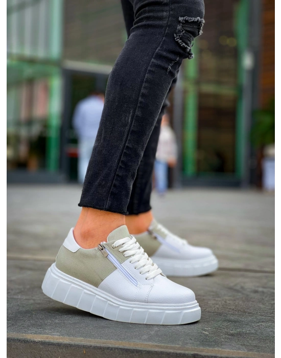 KB-X155  Beyaz Cilt Gri Süet Detaylı Beyaz Yüksek Taban Günlük Spor Ayakkabı