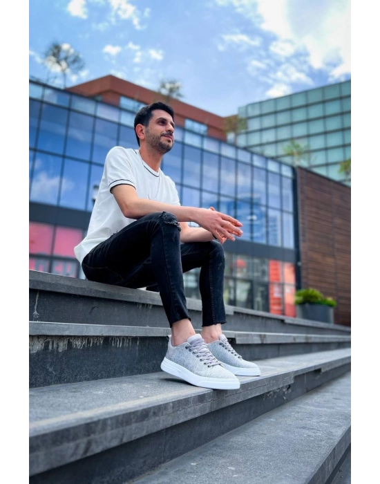 KB-X204  Gri Keten Beyaz Yüksek Taban Günlük Erkek Spor Ayakkabı