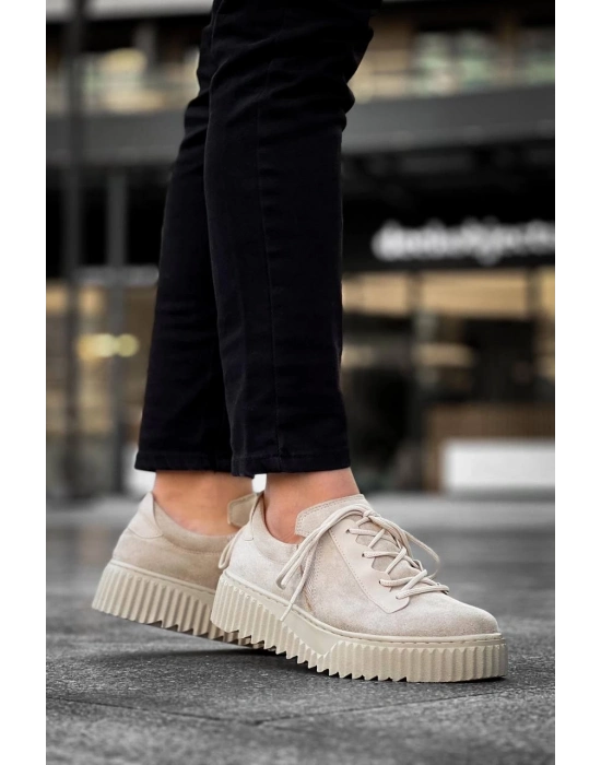 KB-X502   Bej Süet Yüksek Bej Taban Bağcık Detaylı Lastikli Günlük Erkek Ayakkabı