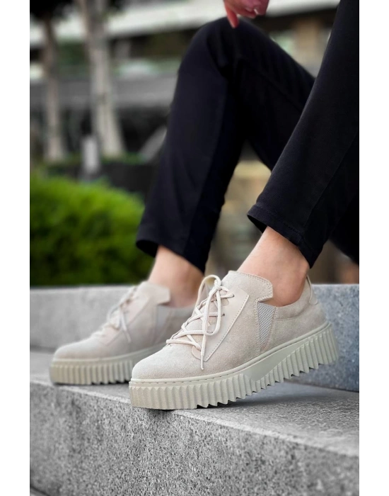 KB-X502   Bej Süet Yüksek Bej Taban Bağcık Detaylı Lastikli Günlük Erkek Ayakkabı