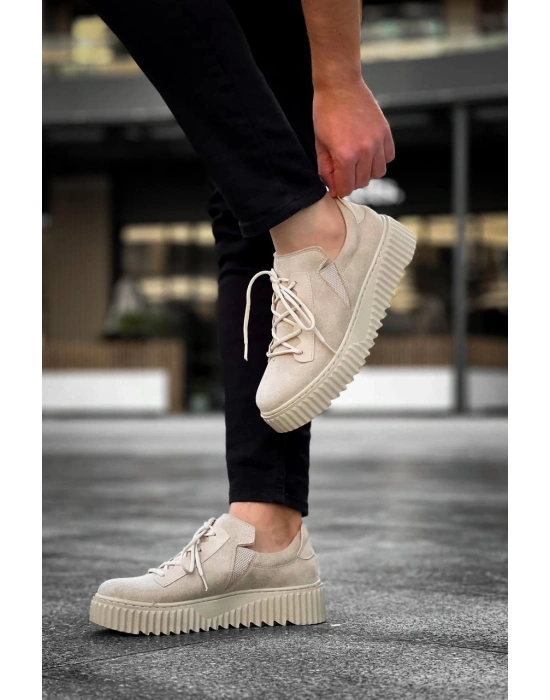 KB-X502   Bej Süet Yüksek Bej Taban Bağcık Detaylı Lastikli Günlük Erkek Ayakkabı