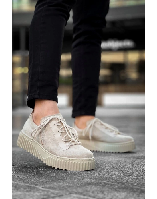 KB-X502   Bej Süet Yüksek Bej Taban Bağcık Detaylı Lastikli Günlük Erkek Ayakkabı