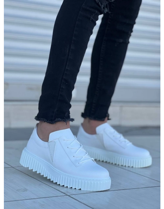 KB-X502   Beyaz Cilt Yüksek Beyaz Taban Bağcık Detaylı Lastikli Günlük Erkek Ayakkabı