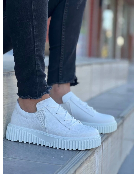 KB-X502   Beyaz Cilt Yüksek Beyaz Taban Bağcık Detaylı Lastikli Günlük Erkek Ayakkabı