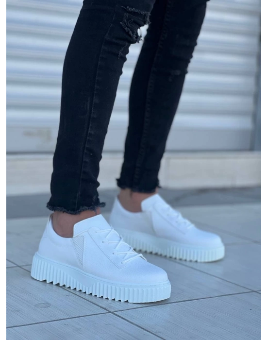 KB-X502   Beyaz Cilt Yüksek Beyaz Taban Bağcık Detaylı Lastikli Günlük Erkek Ayakkabı