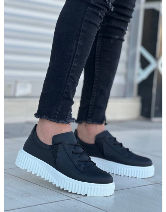 KB-X502   Siyah Cilt Yüksek Beyaz Taban Bağcık Detaylı Lastikli Günlük Erkek Ayakkabı