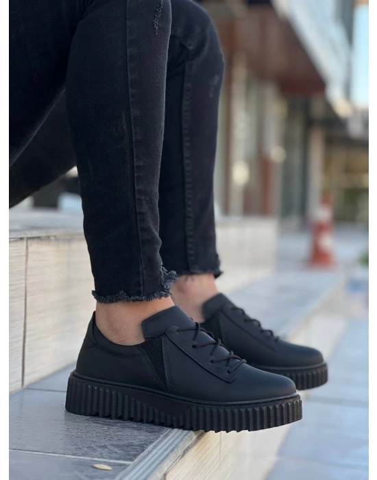 KB-X502   Siyah Cilt Yüksek Siyah Taban Bağcık Detaylı Lastikli Günlük Erkek Ayakkabı