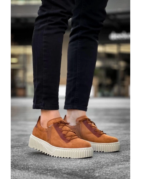 KB-X502   Taba Süet Yüksek Bej Taban Bağcık Detaylı Lastikli Günlük Erkek Ayakkabı