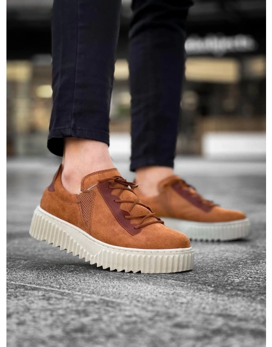 KB-X502   Taba Süet Yüksek Bej Taban Bağcık Detaylı Lastikli Günlük Erkek Ayakkabı