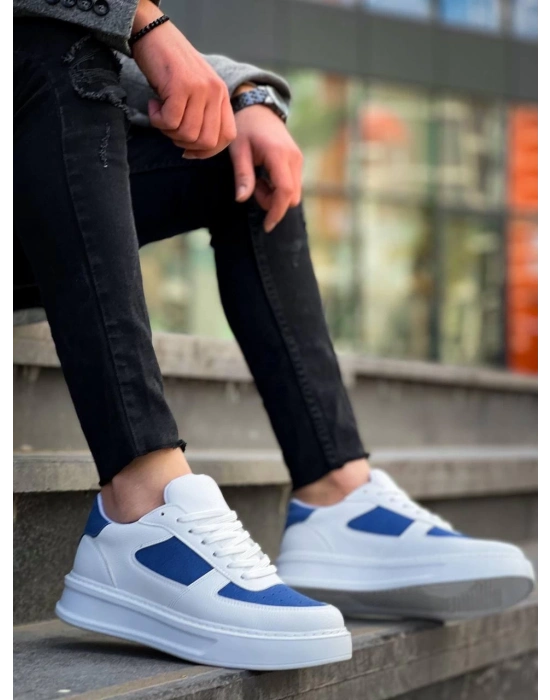 KB-X8  Beyaz Cilt Mavi Süet Detaylı Beyaz Yüksek Taban Günlük Spor Ayakkabı