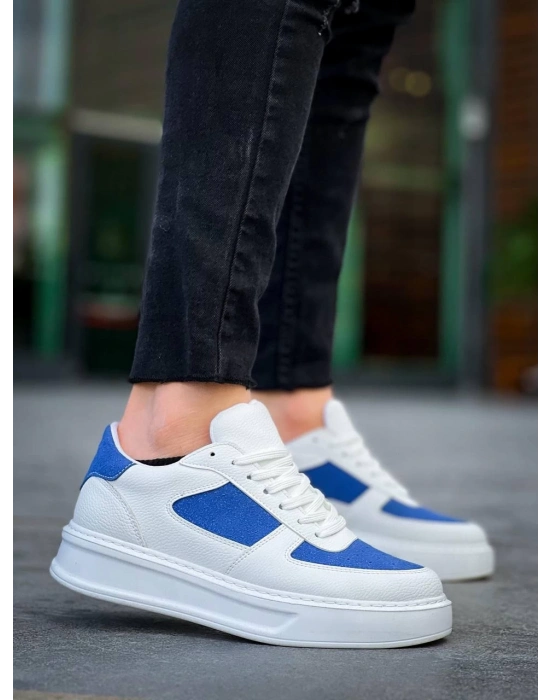 KB-X8  Beyaz Cilt Mavi Süet Detaylı Beyaz Yüksek Taban Günlük Spor Ayakkabı